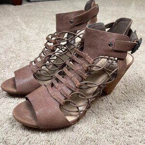 Vince Camuto Heels Women 8M Brown Leather Caged Sandals Bohemian Stacked Stretch